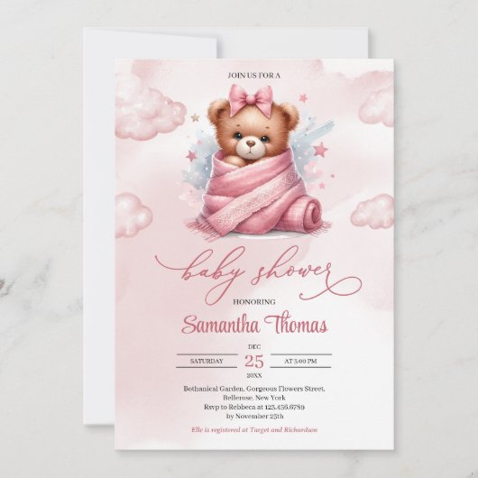 Niedlicher Teddybär mit Wasserfarbe in Windeln Einladung (Vorderseite)