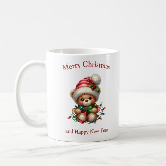 Niedlicher Teddybär mit Weihnachtsbeleuchtung und  Kaffeetasse (Links)