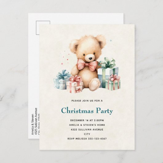 Niedlicher Teddybär mit Weihnachtsgeschenken Einladungspostkarte (Vorne/Hinten)