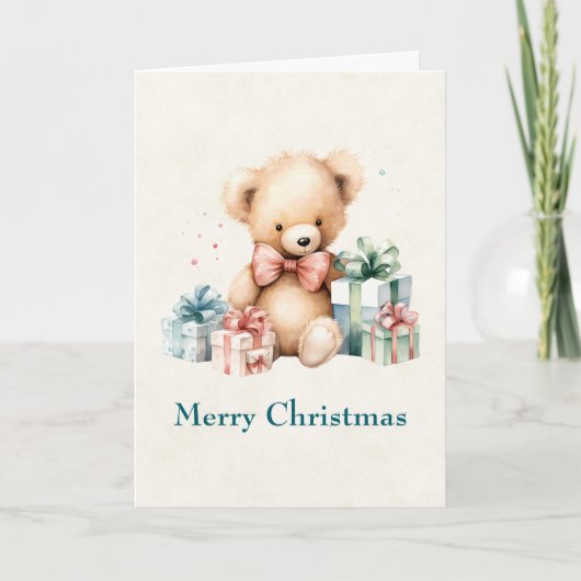 Niedlicher Teddybär mit Weihnachtsgeschenken Feiertagskarte (Vorderseite)