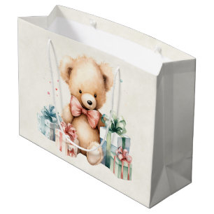 Niedlicher Teddybär mit Weihnachtsgeschenken Große Geschenktüte