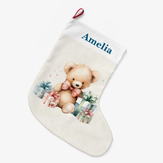 Niedlicher Teddybär mit Weihnachtsgeschenken Großer Weihnachtsstrumpf (Vorderansicht (hängend))