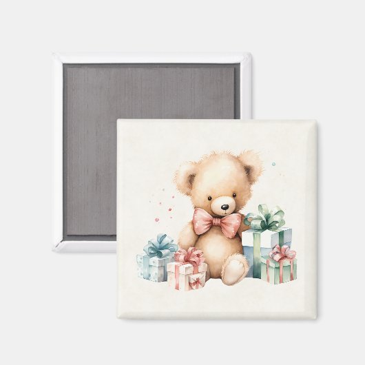 Niedlicher Teddybär mit Weihnachtsgeschenken Magnet (Vorderseite/Rückseite)