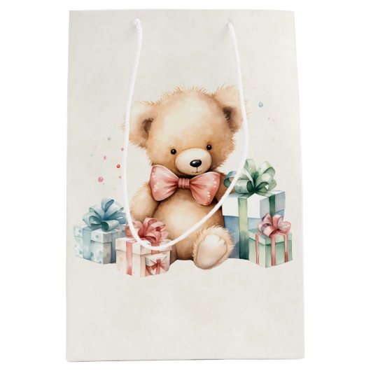 Niedlicher Teddybär mit Weihnachtsgeschenken Mittlere Geschenktüte (Vorderseite)
