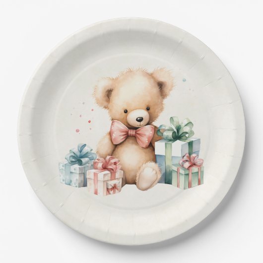 Niedlicher Teddybär mit Weihnachtsgeschenken Pappteller (Vorderseite)