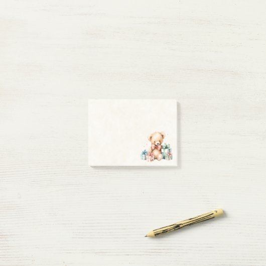 Niedlicher Teddybär mit Weihnachtsgeschenken Post-it Klebezettel (Auf Schreibtisch)
