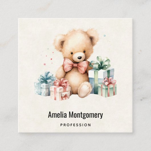 Niedlicher Teddybär mit Weihnachtsgeschenken Quadratische Visitenkarte (Vorderseite)