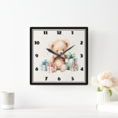 Niedlicher Teddybär mit Weihnachtsgeschenken Quadratische Wanduhr (Zuhause)