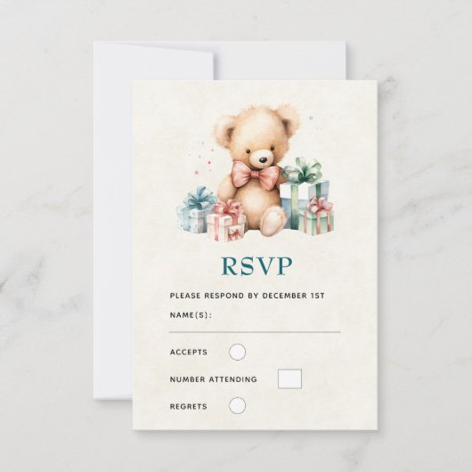 Niedlicher Teddybär mit Weihnachtsgeschenken RSVP Karte (Vorderseite)