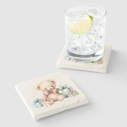 Niedlicher Teddybär mit Weihnachtsgeschenken Steinuntersetzer (Seitenansicht)