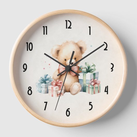 Niedlicher Teddybär mit Weihnachtsgeschenken Uhr (Vorderseite)