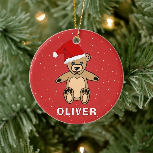 Niedlicher Teddybär mit Weihnachtsmannmütze Keramik Ornament (Baum)