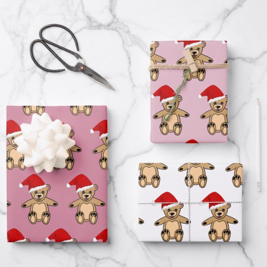 Niedlicher Teddybär mit Weihnachtsmannmütze Rosa W Geschenkpapier Set (Vorderseite)