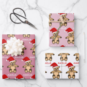 Niedlicher Teddybär mit Weihnachtsmannmütze Rosa W Geschenkpapier Set