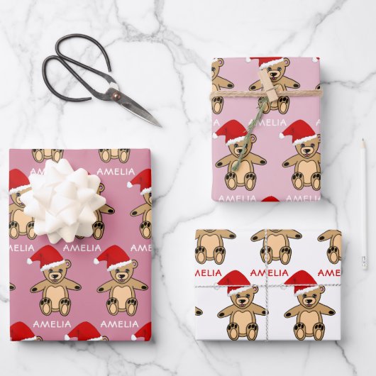 Niedlicher Teddybär mit Weihnachtsmannmütze Rosa W Geschenkpapier Set (Vorderseite)