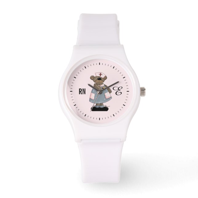 Niedlicher Teddybär - Monogram Watch in Nurse Armbanduhr (Vorderseite)