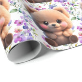Niedlicher Teddybär Polka dots Boho violette Blüte Geschenkpapier (Rolleneckpunkt)