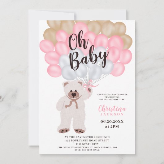 Niedlicher Teddybär Rosa Ballons Mädchen Dusche Einladung (Vorderseite)