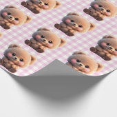 Niedlicher Teddybär Rosa Gingham Blütendusche Geschenkpapier (Ecke)