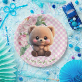 Niedlicher Teddybär Rosa Gingham Blütendusche Pappteller (Party)