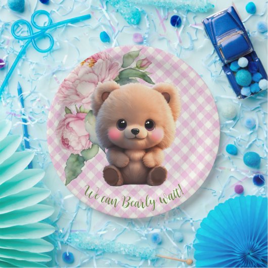 Niedlicher Teddybär Rosa Gingham Blütendusche Pappteller (Party)