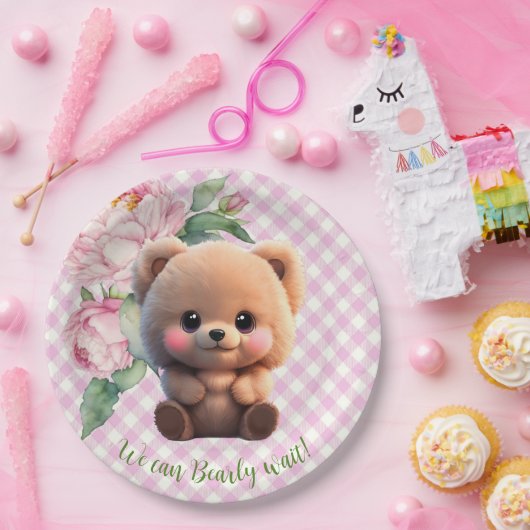 Niedlicher Teddybär Rosa Gingham Blütendusche Pappteller (Party)