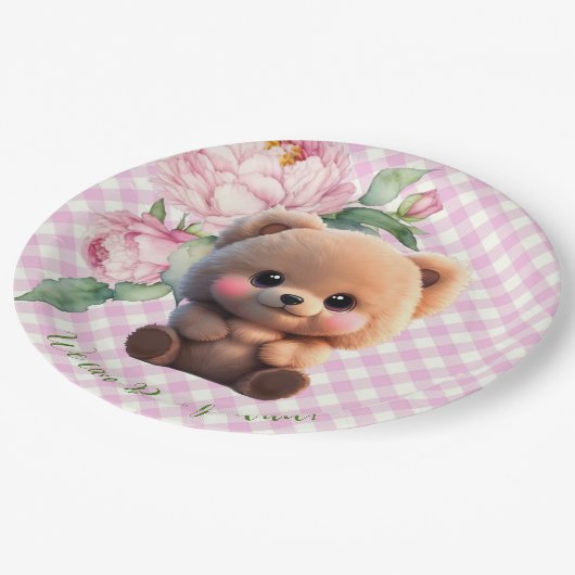 Niedlicher Teddybär Rosa Gingham Blütendusche Pappteller (Schrägansicht)