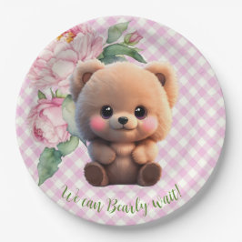 Niedlicher Teddybär Rosa Gingham Blütendusche Pappteller