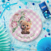 Niedlicher Teddybär Rosa Gingham Blütendusche Pappteller (Party)
