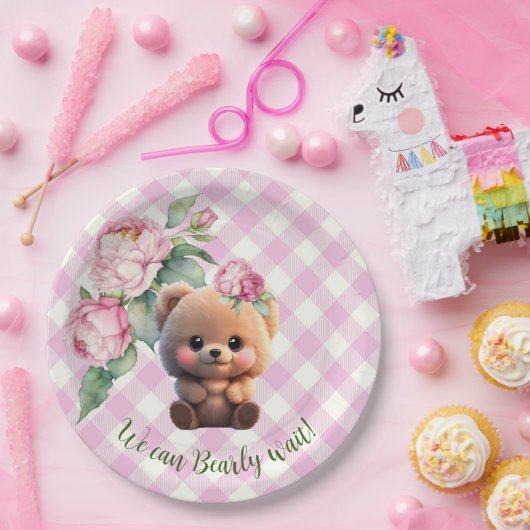 Niedlicher Teddybär Rosa Gingham Blütendusche Pappteller (Party)