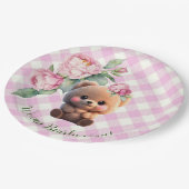 Niedlicher Teddybär Rosa Gingham Blütendusche Pappteller (Schrägansicht)