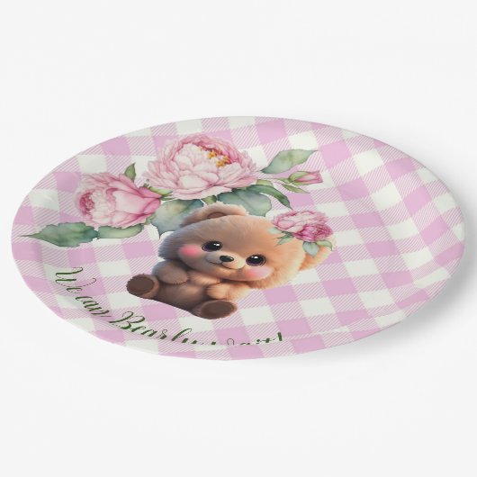 Niedlicher Teddybär Rosa Gingham Blütendusche Pappteller (Schrägansicht)