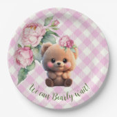 Niedlicher Teddybär Rosa Gingham Blütendusche Pappteller (Vorderseite)