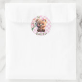 Niedlicher Teddybär Rosa Gingham Blütendusche Runder Aufkleber (Tasche)