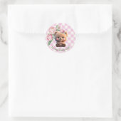 Niedlicher Teddybär Rosa Gingham Blütendusche Runder Aufkleber (Tasche)
