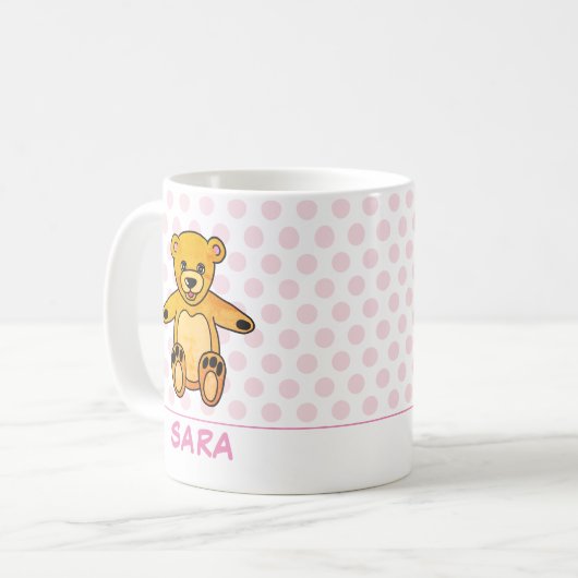 Niedlicher Teddybär rosa Punkte mit Name Kid Kaffeetasse (Vorderseite Links)