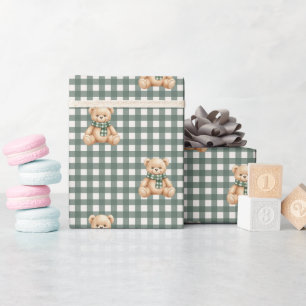 Niedlicher Teddybär Rustikal Grün Kariert Geschenkpapier