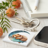 Niedlicher Teddybär Schlafen auf dem Crescent Mond Schlüsselanhänger (Vorderseite rechts)