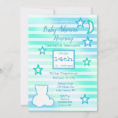 Niedlicher Teddybär, Sterne und Mond, blau und grü Einladung (Vorderseite)