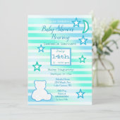 Niedlicher Teddybär, Sterne und Mond, blau und grü Einladung (Stehend Vorderseite)