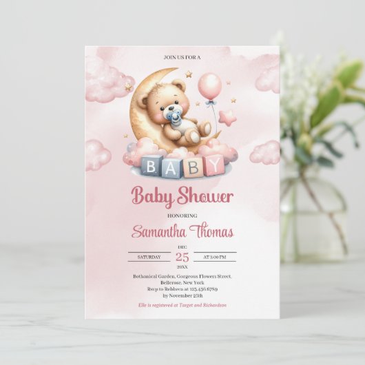Niedlicher Teddybär über dem Mond Einladung (Stehend Vorderseite)