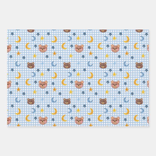 Niedlicher Teddybär und Mondmuster auf blau Geschenkpapier Set (Vorderseite 3)