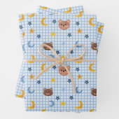 Niedlicher Teddybär und Mondmuster auf blau Geschenkpapier Set (Beispiel)