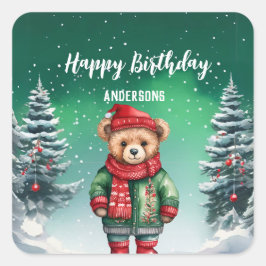 Niedlicher Teddybär Weihnachtsbaum Geburtstagsmädc Quadratischer Aufkleber