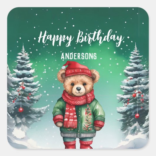 Niedlicher Teddybär Weihnachtsbaum Geburtstagsmädc Quadratischer Aufkleber (Vorderseite)
