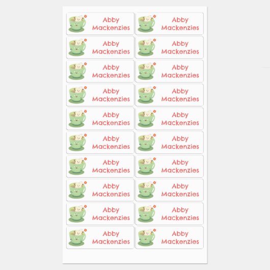 Niedlicher Teebecher-Comic-Charakter personalisier Etiketten (Blatt)