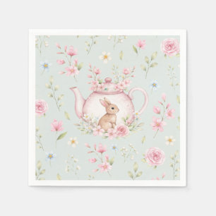 Niedlicher Teekanne-Hasenaufdruck mit rosa Blumen Serviette