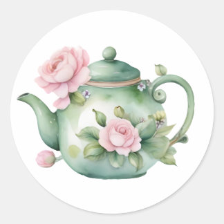 Niedlicher Teekessel mit rosafarbenen Peonies Clas Runder Aufkleber