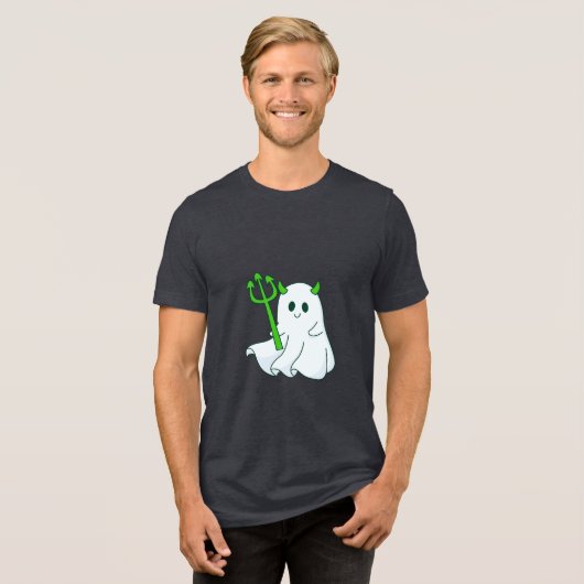 Niedlicher Teufelsghost mit grünem Trident Tri-Blend Shirt (Vorderseite voll)