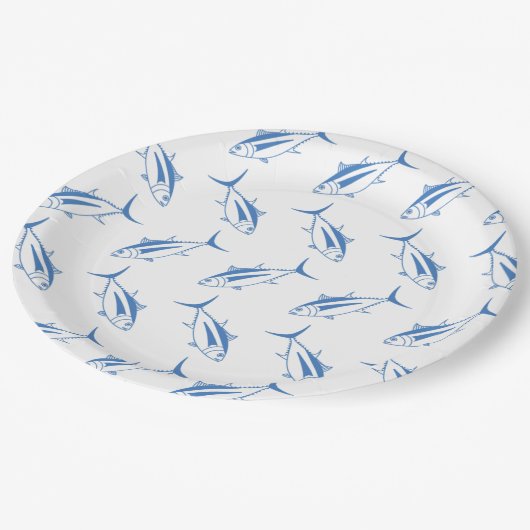 Niedlicher Thunfischfang in Ägäis, blau und weiß Pappteller (Schrägansicht)